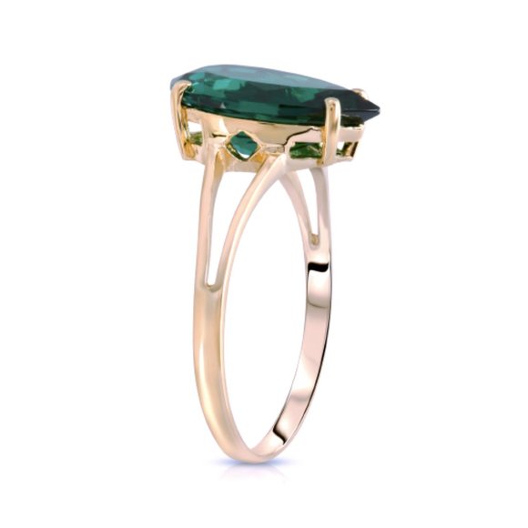 14K.  GOLD RING W/ LAB. CREATED PEAR SHAPE EMERALD - Picture 2 of 4